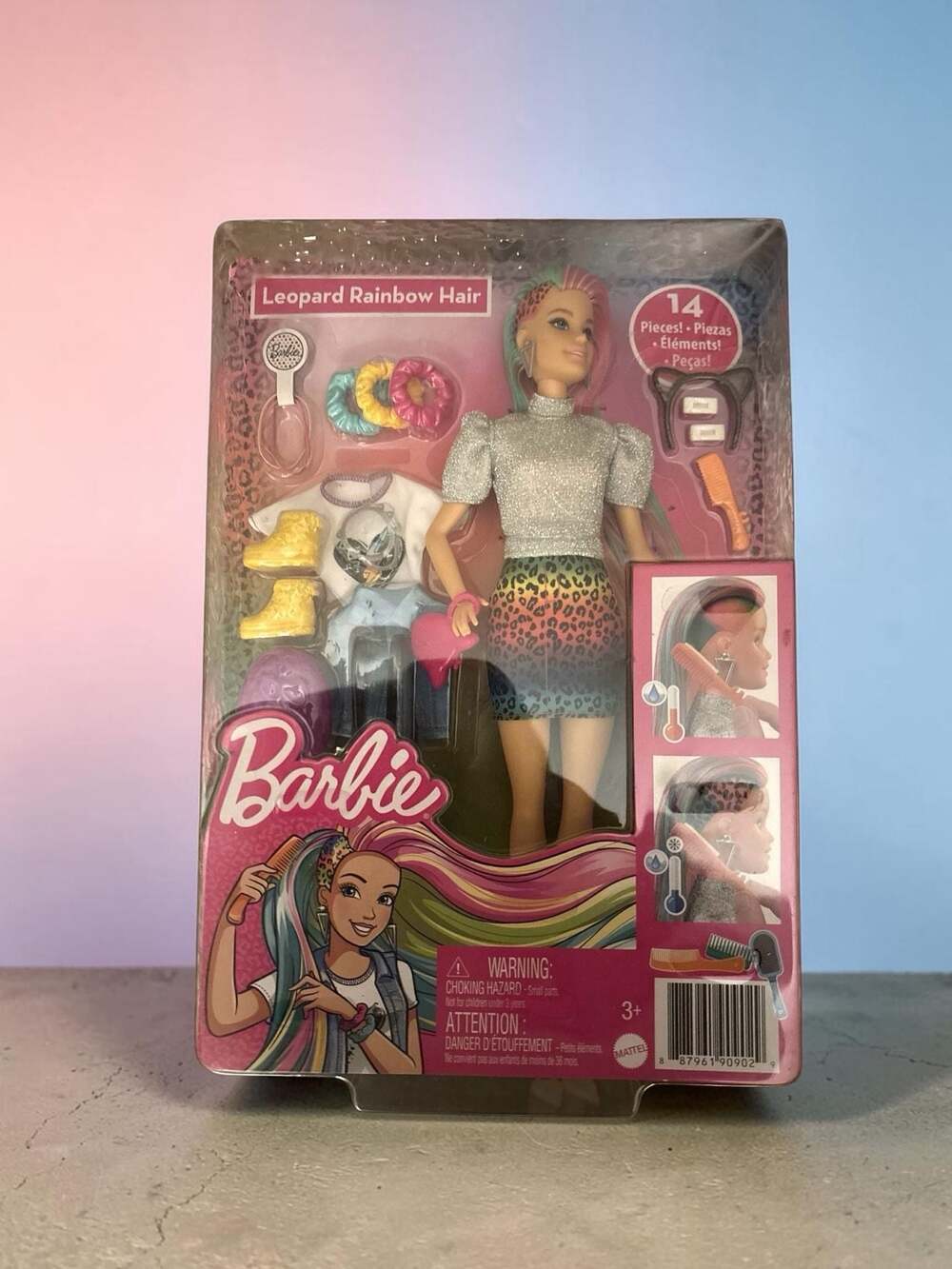 Barbie Leopard Rainbow Hair Doll with Color-Change Feature and 14 Pieces GRN81